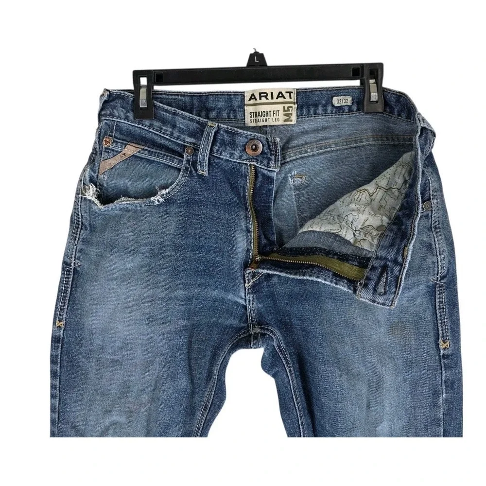 Ariat M5 Travis Straight Fit Blue Jeans Mens 32x32 (32x30) Med Wash Distressed